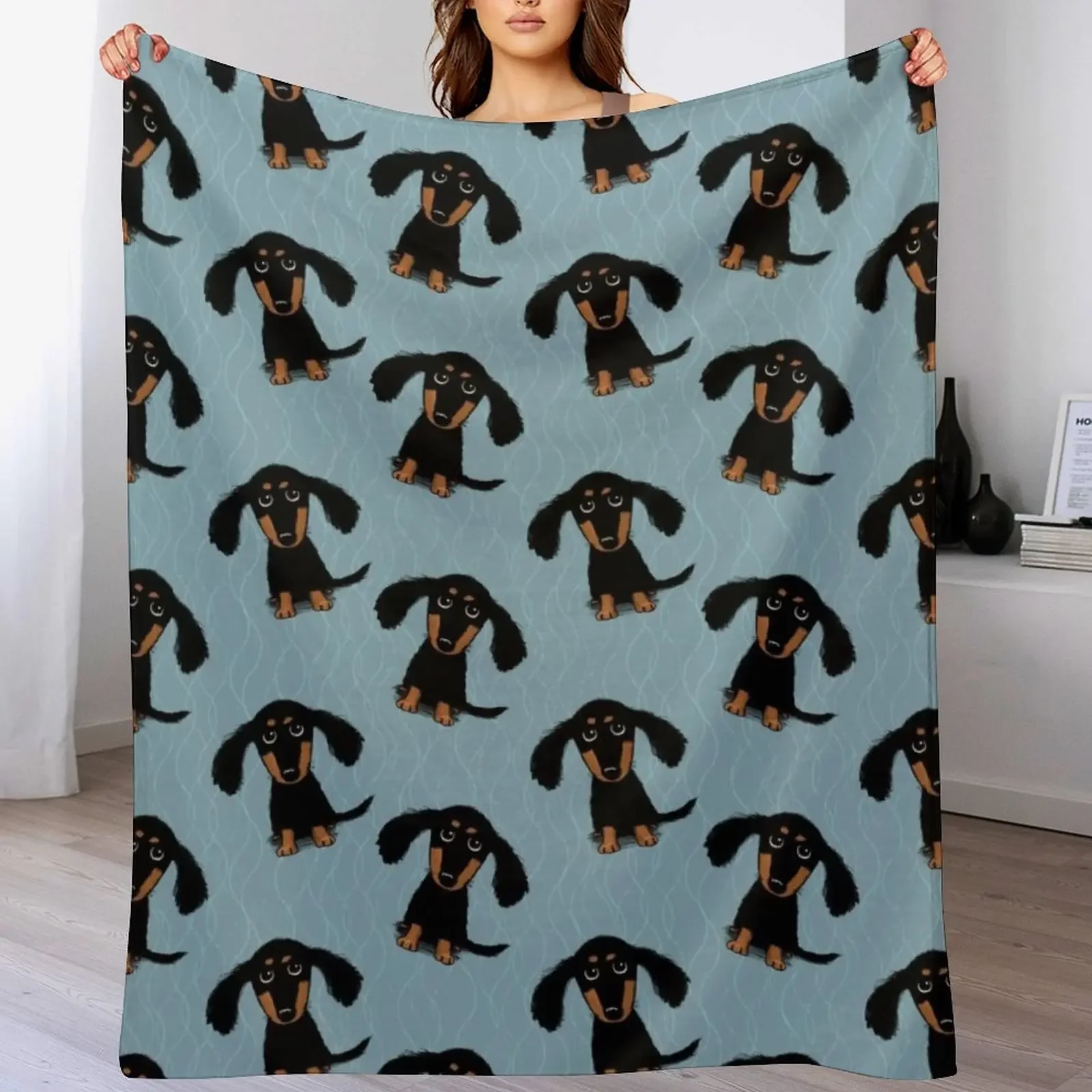 Longhaired Dachshund Black and Tan Puppy Dog Throw Blanket Cozy Warm Blanket for Bed Room Decor