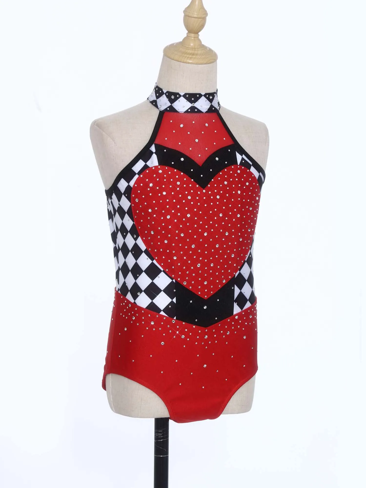 Kids Girls Heart Queen Dress Up Halloween Circus Costume Jumpsuit Rhinestones Halter Sleeveless Checkerboard Leotard Bodysuit image 4