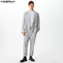 INCERUN 2024 Handsome Men's Sets Long Sleeved Suit Coats Long Pants Fashion Men's All-match Simple Striped Two-piece Sets S-5XL