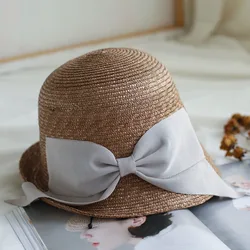 Women Summer Hats Retro Upturn Brim Sun Hat Cloche Straw Hats Bow Bucket Sun Hats Wedding Party Church Derby Outdoor Travel Hats