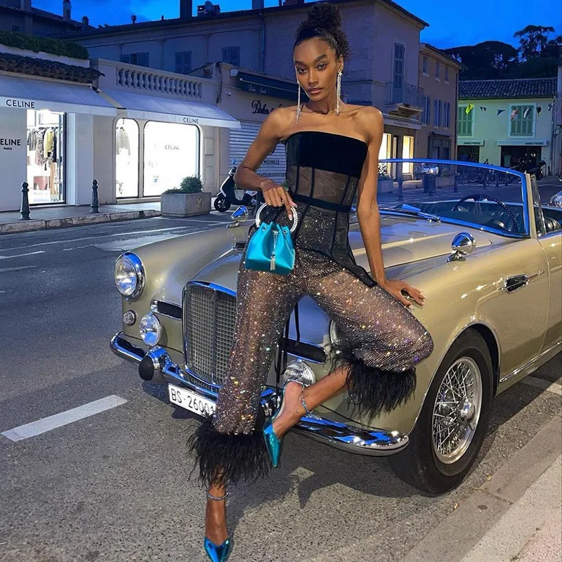 BKLD High Waisted Trousers Elastic Mesh Hollow Out Sexy Pants Streetwear Feather Splicing Women Clothing Fashionable Pants