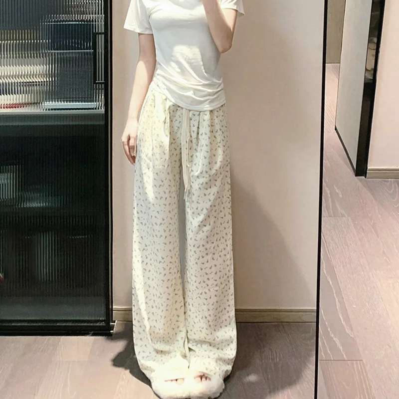 Cutecore-Calças femininas largas de cintura alta, grafismo floral, perna reta, calças femininas, calças especiais de férias, coreano