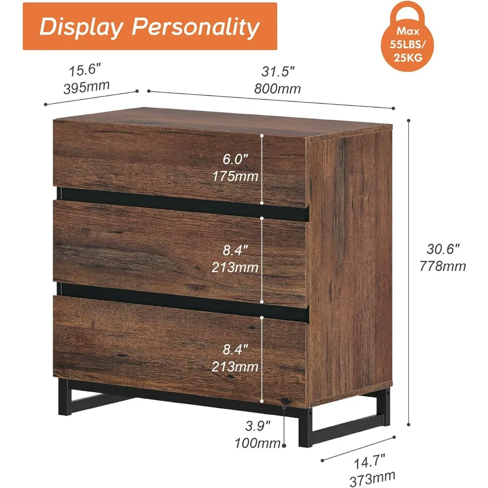 Cômoda moderna de madeira com 3 gavetas e base de metal para armazenamento de quarto e armário