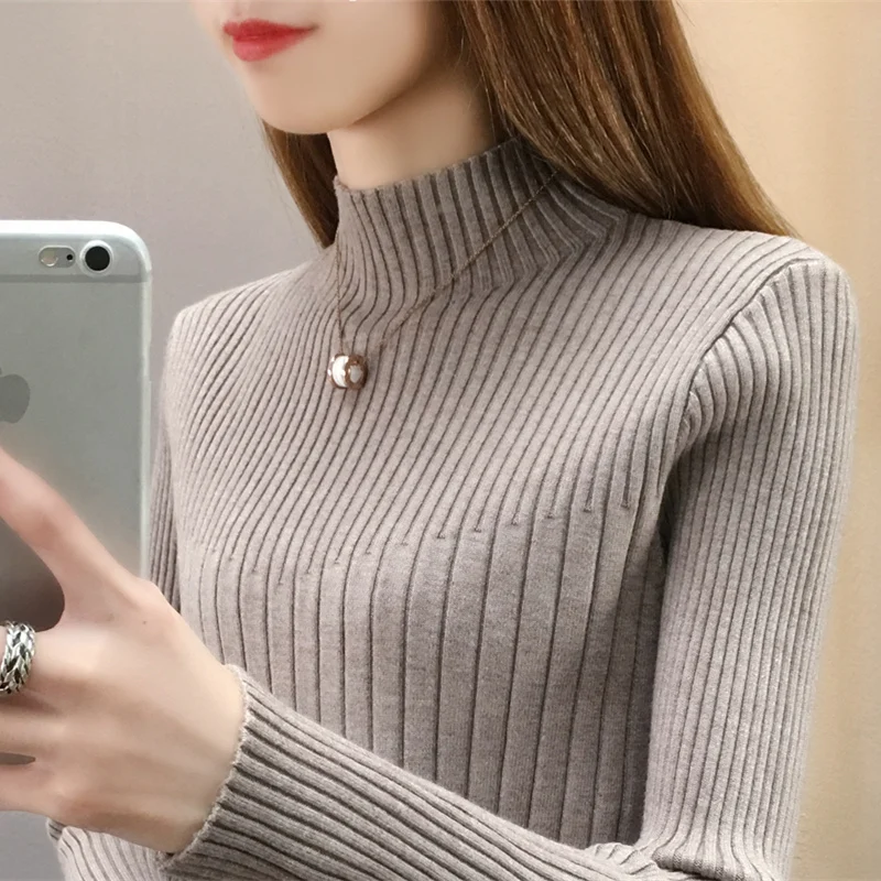 

Turtleneck Ribbed Pullover Sweater Women Spring Autumn Long Sleeve Knit Top Black White Gray Blue Green Sweater