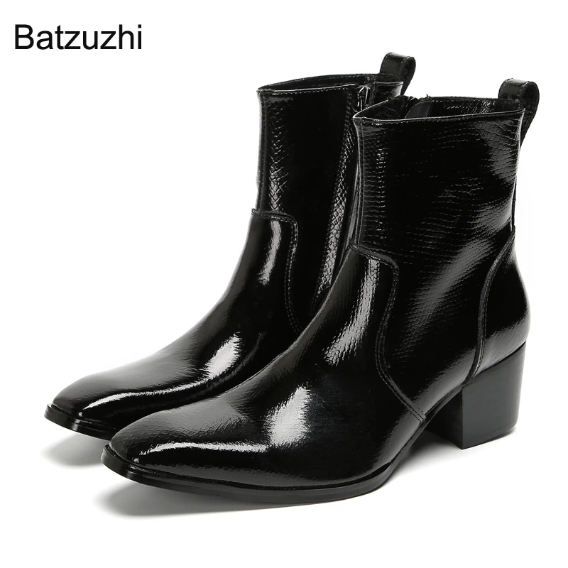 

Batzuzhi 6.5CM High Heel Men's Boots Black Genuine leather Ankle Boots Men Zip Knight Boots for Men, Big Size EU38-47!