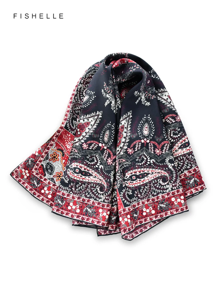 レッドペイズリー 100% 天然シルクスカーフ女性のツイルショールラップバンダナヒジャーブヘッドバンドスクエアハンカチ高級ギフト 90 センチメートル