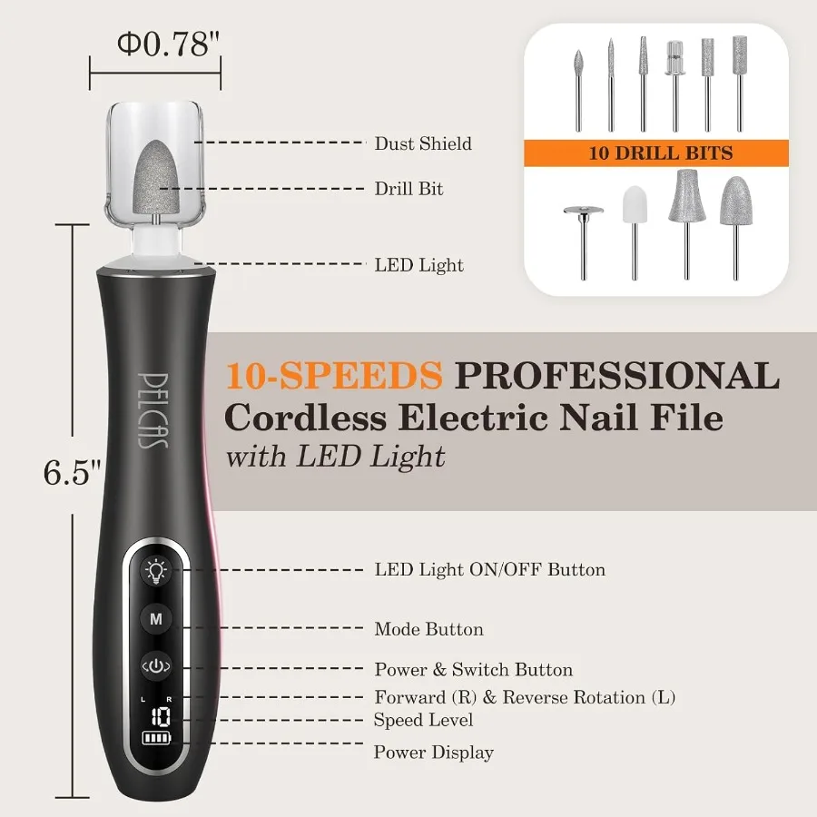 Kit trapano elettrico professionale per unghie a batteria con luce regolabile e 10 impostazioni di velocità per manicure e pedicure di precisione C