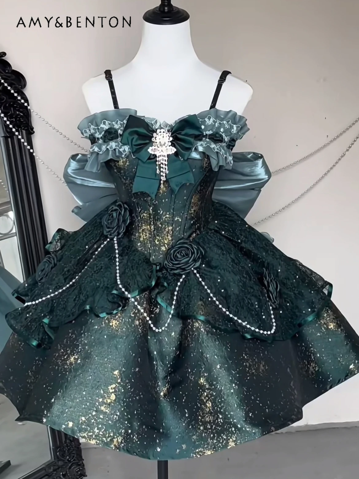 

Luxurious Shiny Princess Evening Dresses Elegant Sweet JSK Retro Court Style Jacquard Three-Dimensional Rose Slim Puffy Dress