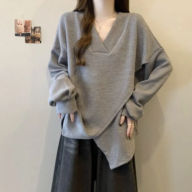 Textured Cross Design Long Sleeve Top for Women 2025 Spring and Autumn New Loose Slimming Base Shirt