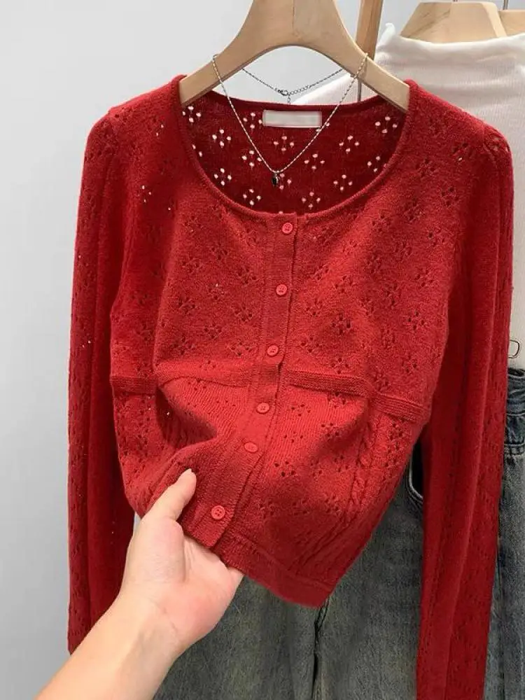 

Korean Vintage 2024 New Red Elegant Hollow Out Long Sleeved Sweater Autumn Winter Women's Round Neck Short Cardigan Knitted Tops