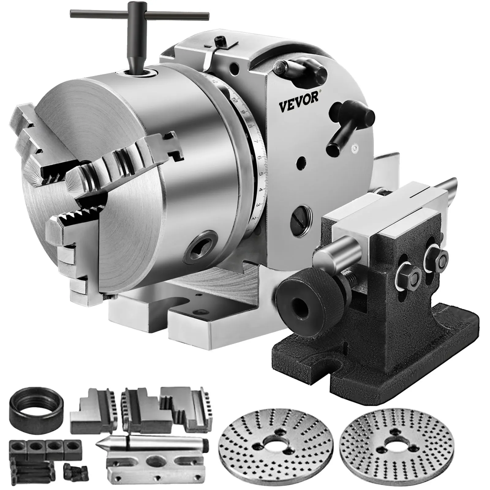 Vevor BS-0 5 Inch 3-Jaw Chuck Dividing Head Set, Precision Semi Universal Indexing Head for Milling Drilling Machine Tailstock