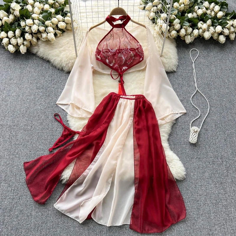 Red Chinese Traditional Perspective Lingerie Cosplay Soft Women Robe Chemise Chiffon Sleepwear Sexy Nightdress Hanfu Fairy Dress