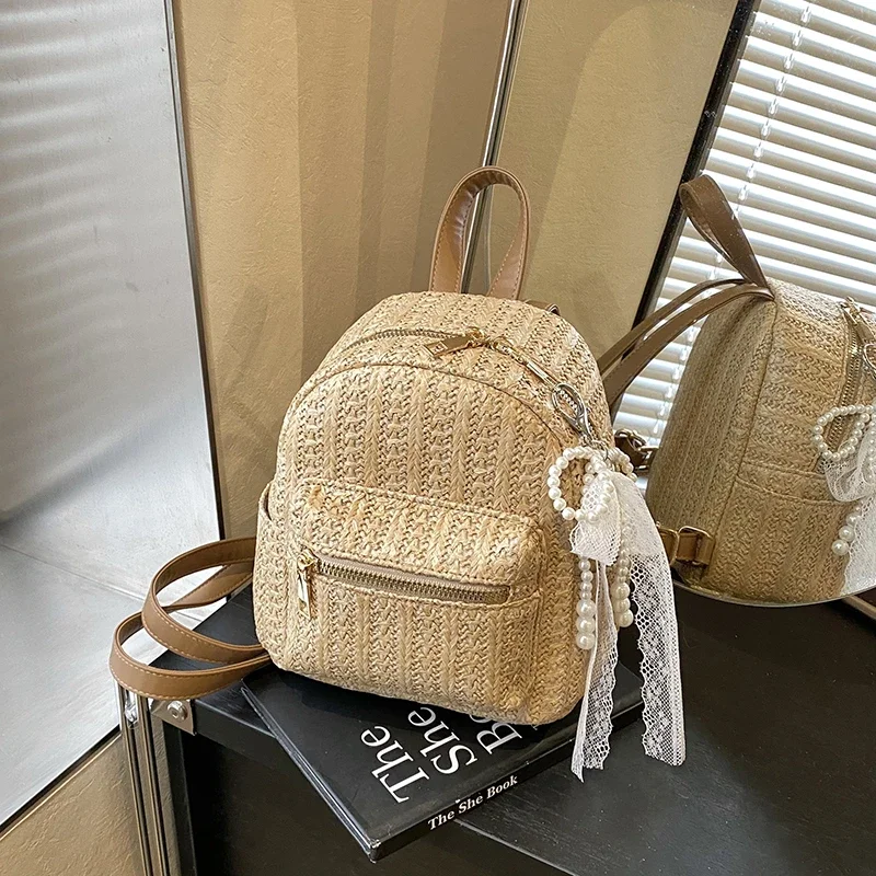 حقيبة ظهر صيفية جديدة منسوجة من القش 2025 حقيبة ظهر نسائية عصرية بسيطة ومتعددة الاستخدامات للعطلات غير رسمية صغيرة Mochilas Mujer #2