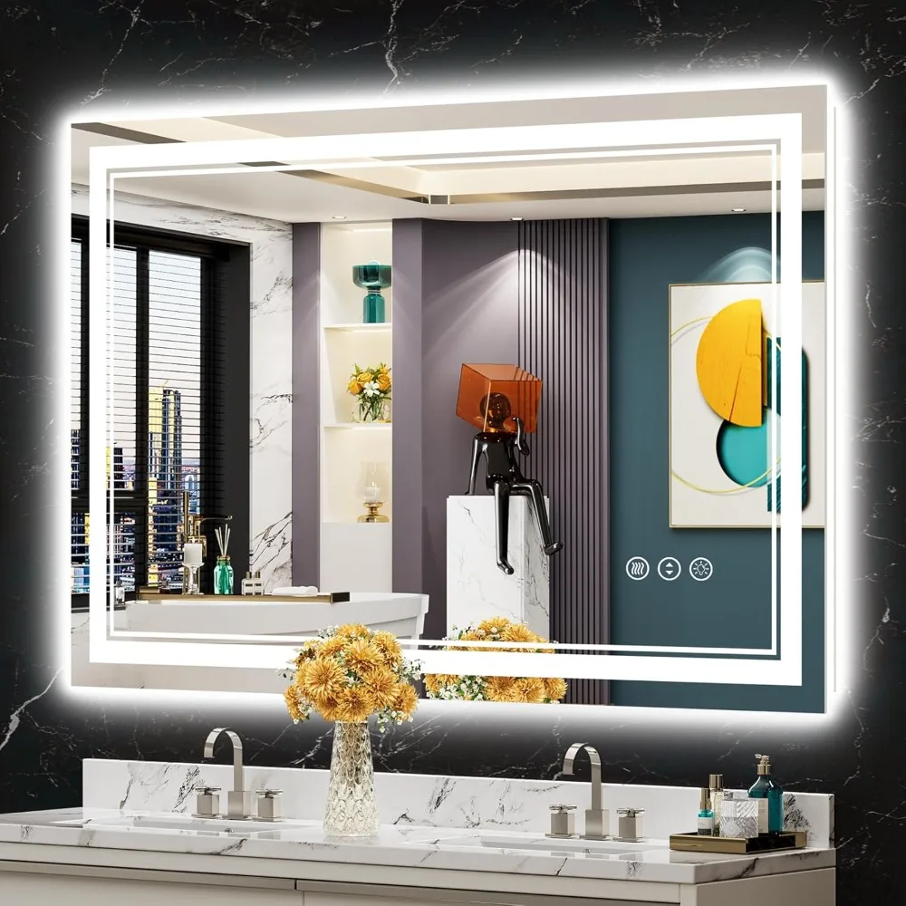 

48x32 LED Bathroom Mirror with Lights, Front and Backlit LED Mirror for Bathroom, Anti-Fog Lighted Bathroom Mirror, Dimmable LED