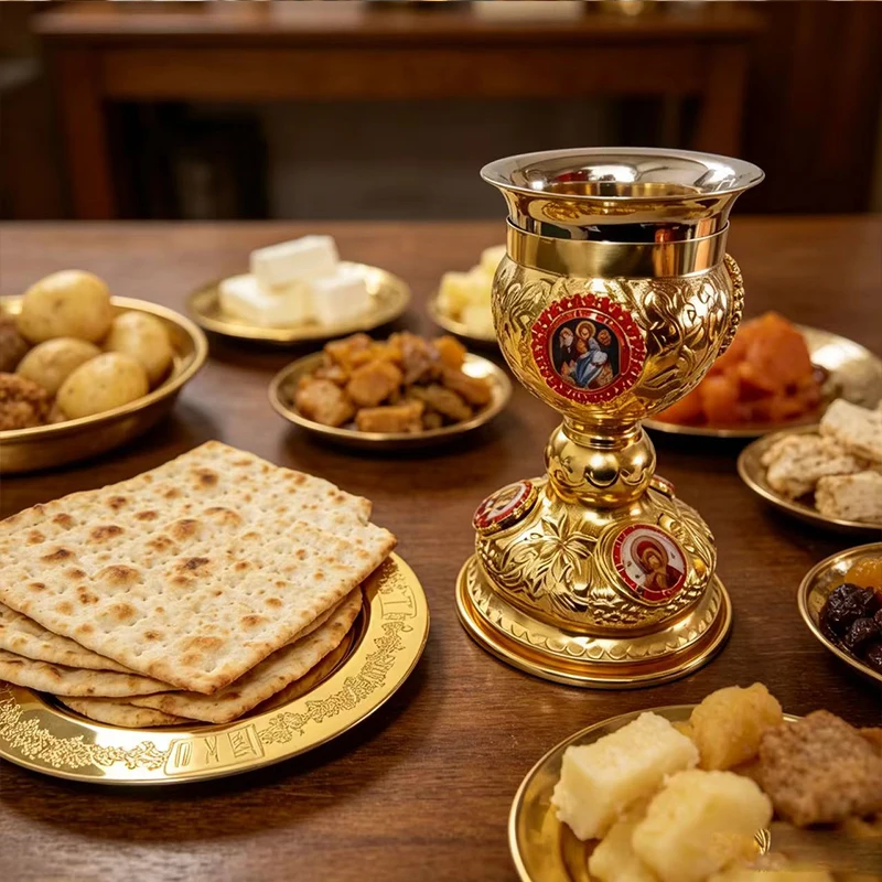 Neues 2026 geprägtes, vergoldetes Kommunionskelch- und Paten-Set für christlich-orthodoxe Altarliturgie und heilige Kommunion – Geschenk – Detail 4