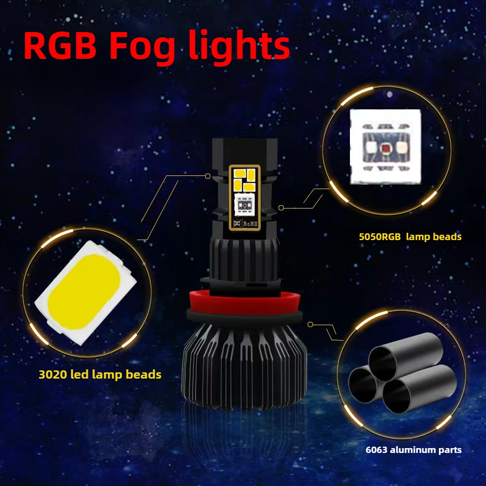 

Светодиодные противотуманные фары RGB 5050 15000LM H8/9/11/9005/9006 360 ° Яркое приложение Bluetooth Control Автоматическая фара Противотуманная фара 60 Вт