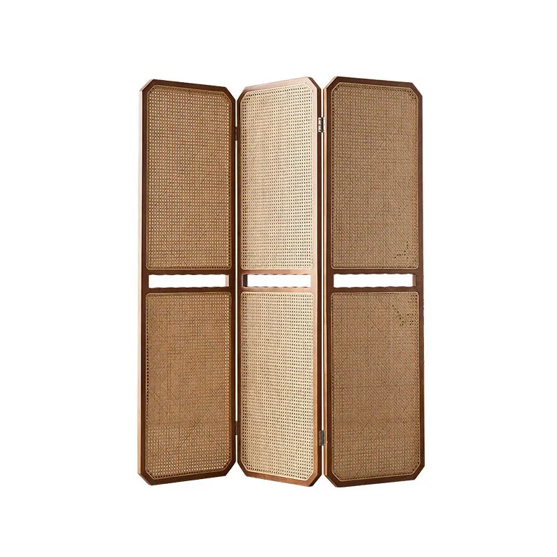 Japanese Solid Wood Rattan Folding Screen Movable Room Divider for Living Room Entrance New Chinese Style Decor