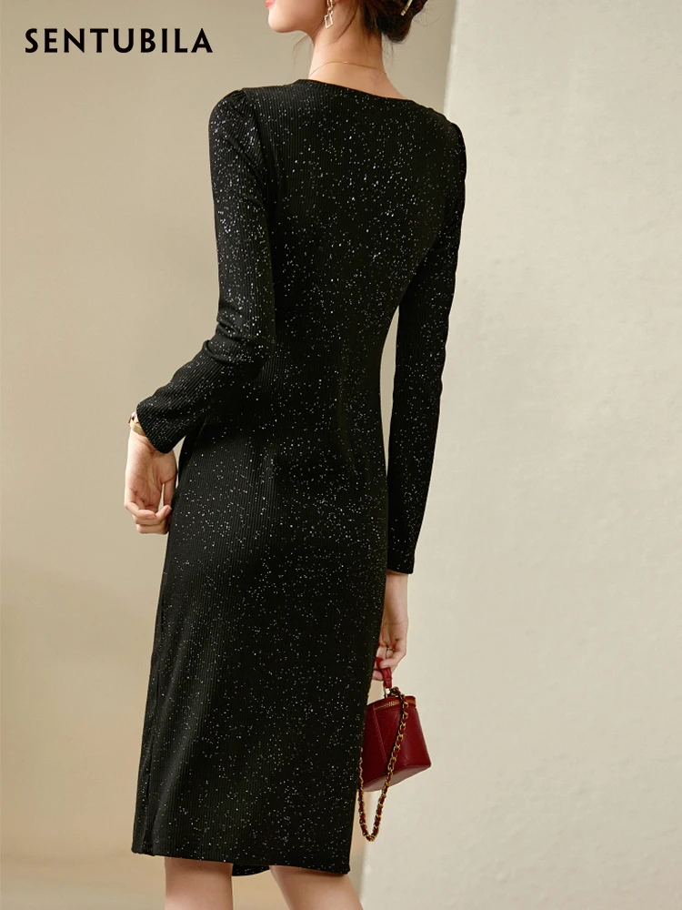 SENTUBILA Abito aderente con paillettes nero per donna 2025 Autunno elegante signora sexy abito da compleanno lavorato a maglia diviso di lusso 143L56650X