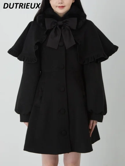 Autumn Winter Japanese Long Sleeve Single-Breasted Cape Jacket Loose Overcoat Mid-Length Sweet Girl Black Bow Woolen Coat