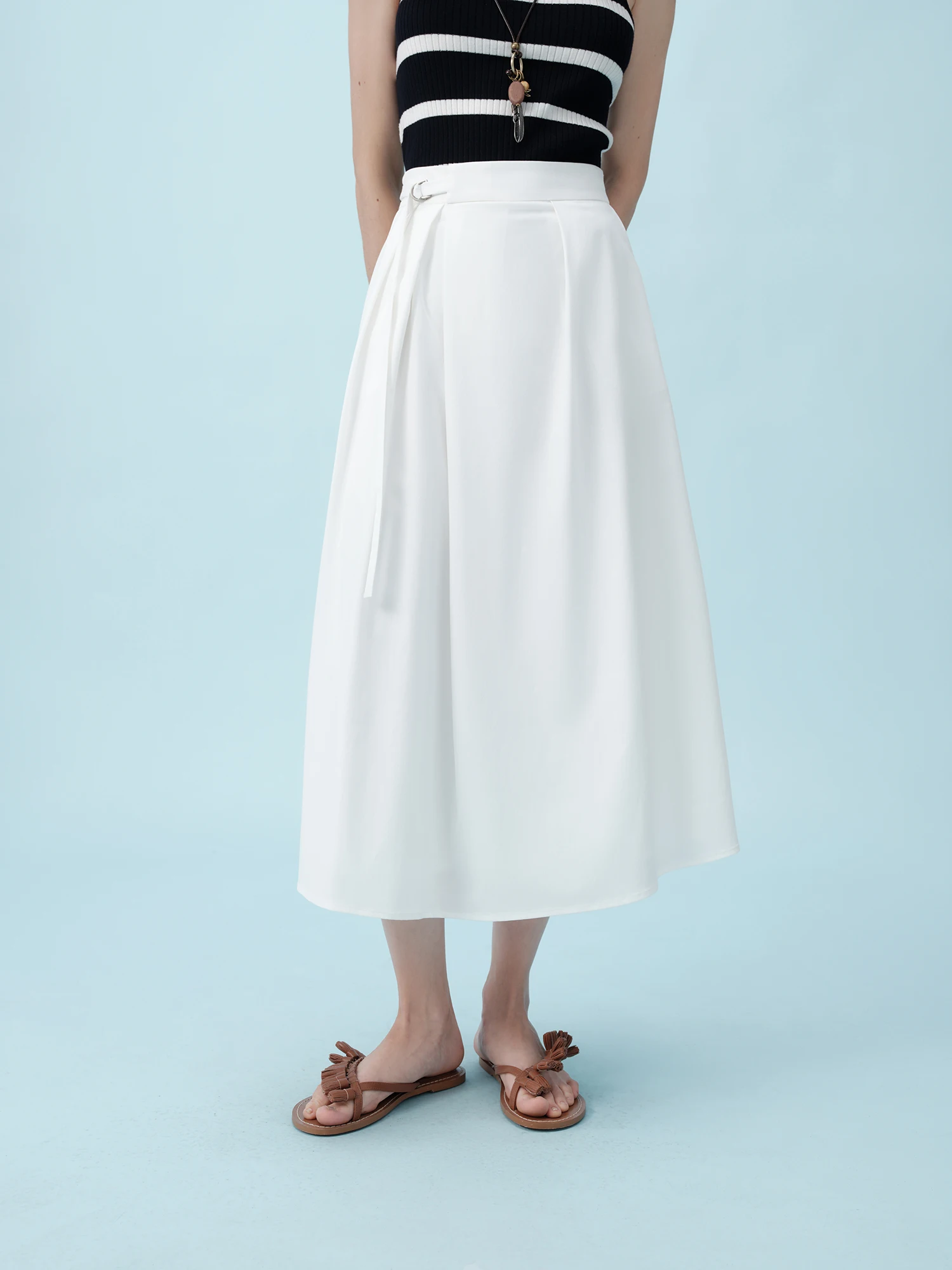 ZIQIAO 2025 Summer Women's White A-Line Midi Skirt - Flared Hem & Celestial-Inspired Elegance Dresses 25ZQ92269
