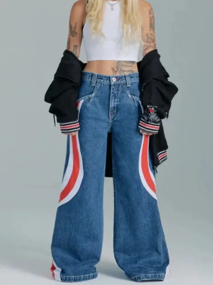 

QWEEK Y2k Baggy Blue Jeans Women Vintage Streetwear Low Rise Denim Pants American Retro Grunge Rainbow Wrap Wide Leg Pantalones