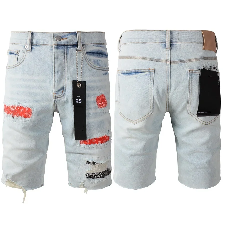 Top quality New Purples Jeans Shorts Men Trendy Elastic Edged Middle Pants Irregular light Blue Color Washed Denim brand pants