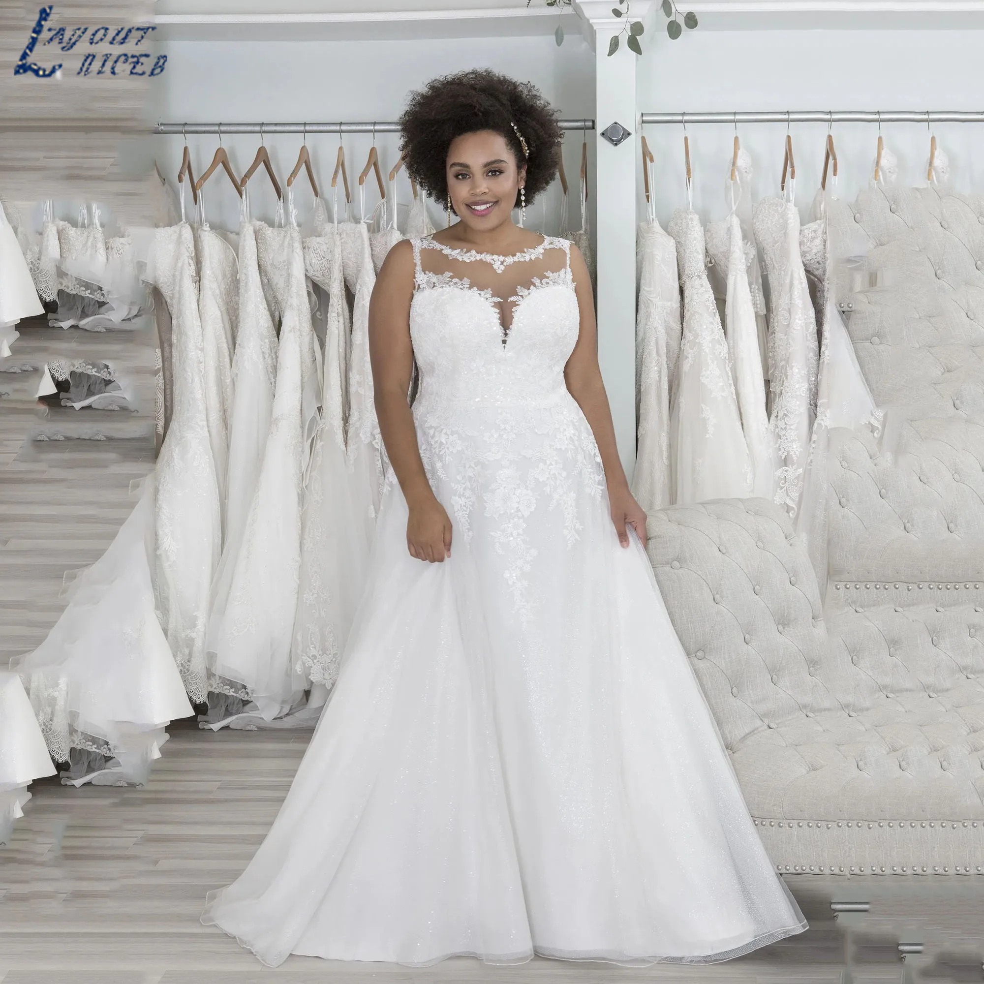 LAYOUT NICEB Plus Size Wedding Dress 2025 A-Line Backless Glitter Tulle Bride Gown Sleeveless Lace Appliques vestidos Customized