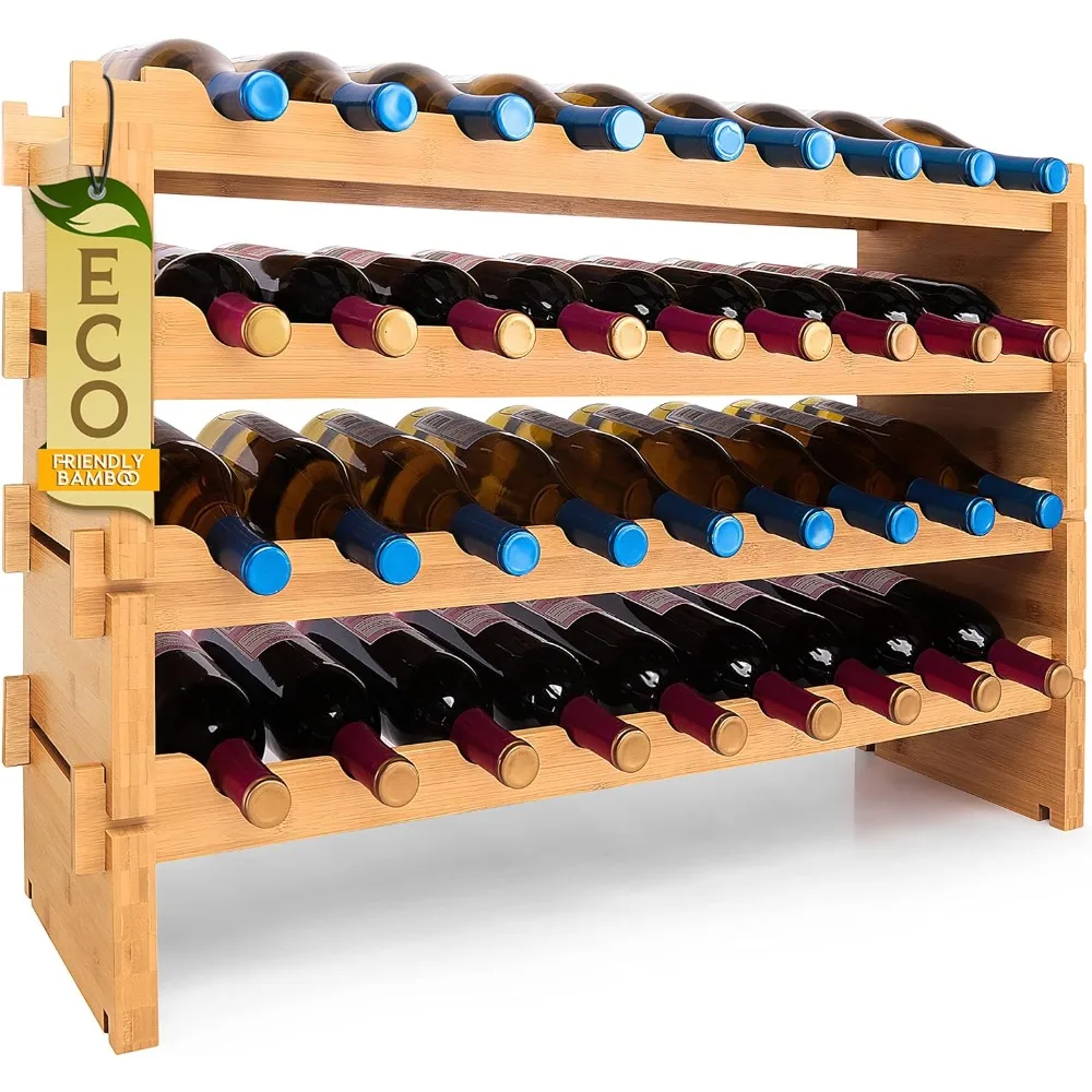 Empilhável Bamboo Wine Rack, 4-Tier, Capacidade de 36 Garrafas, Wine Racks, Free Standing Floor, Sem Montagem de Ferramentas, Armazenamento Modular