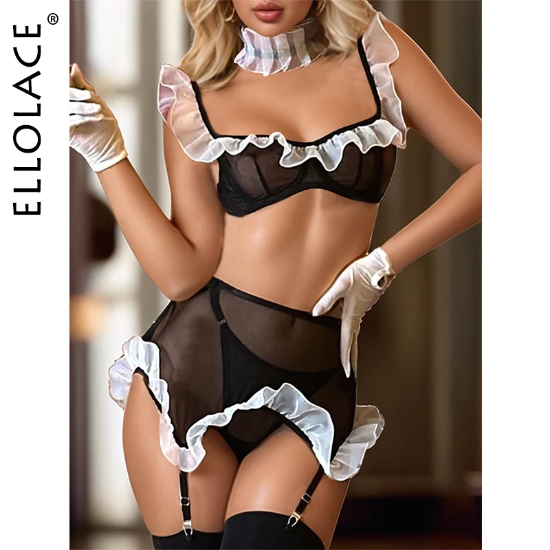 Ellolace Ruffled Lingerie 섹시한 성인 대담한 에로틱 한 의상 투명 레이스 성인 의상 앙상블 Femmes Romantic Hot Intimate