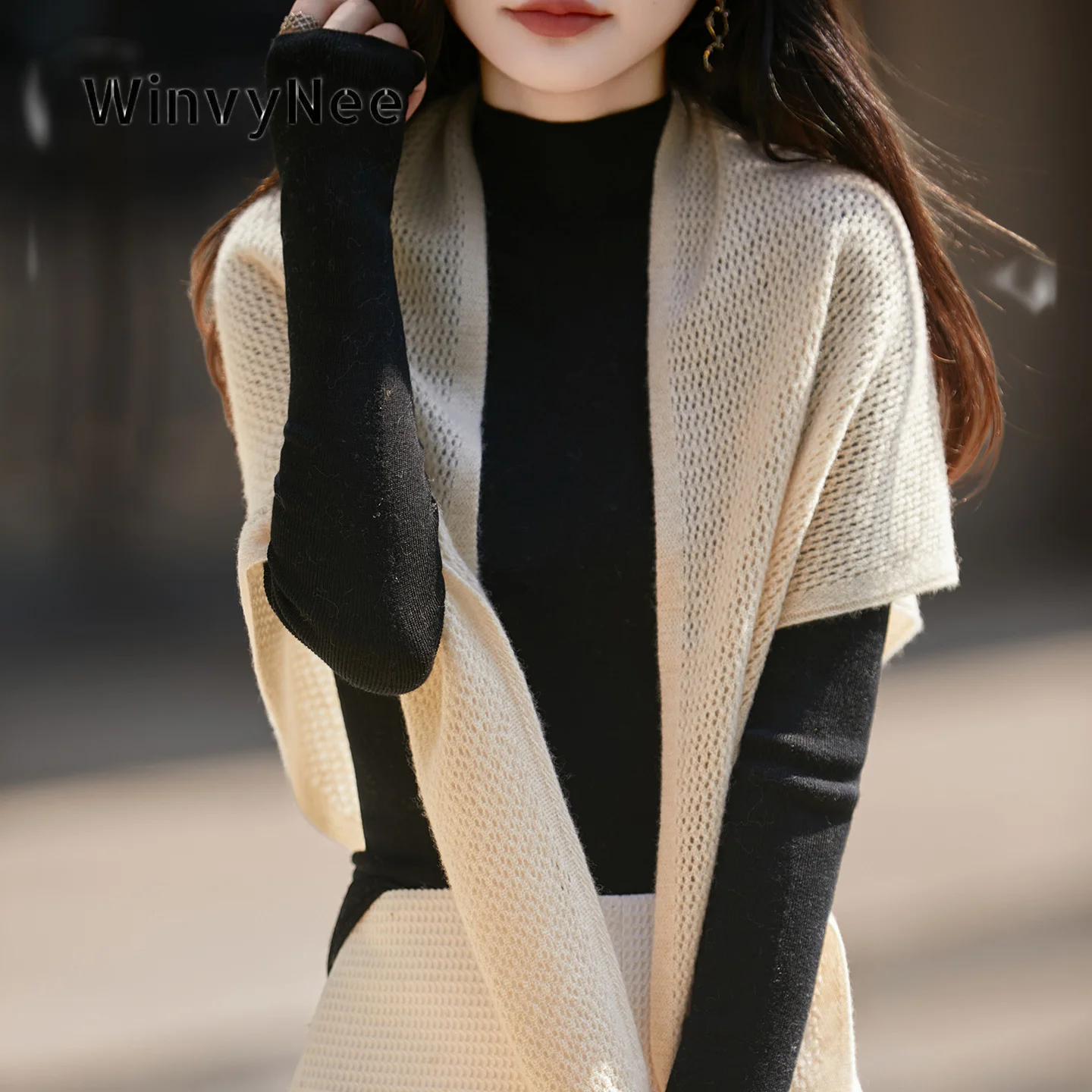 WinvyNee Women Hollow Out Knitted Triangle Shawl Solid Pure Wool Light Windproof Versatile Fashion Cold Fall Winter ZG1673025