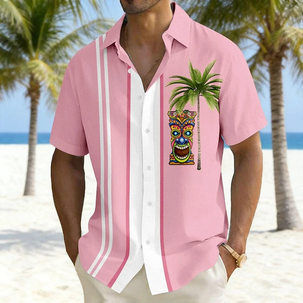 

Men's Short Sleeve Shirt Comfortable Soft Fabric Outdoor Casual Top with Tribal Totem Coconut Tree Print Button Placket