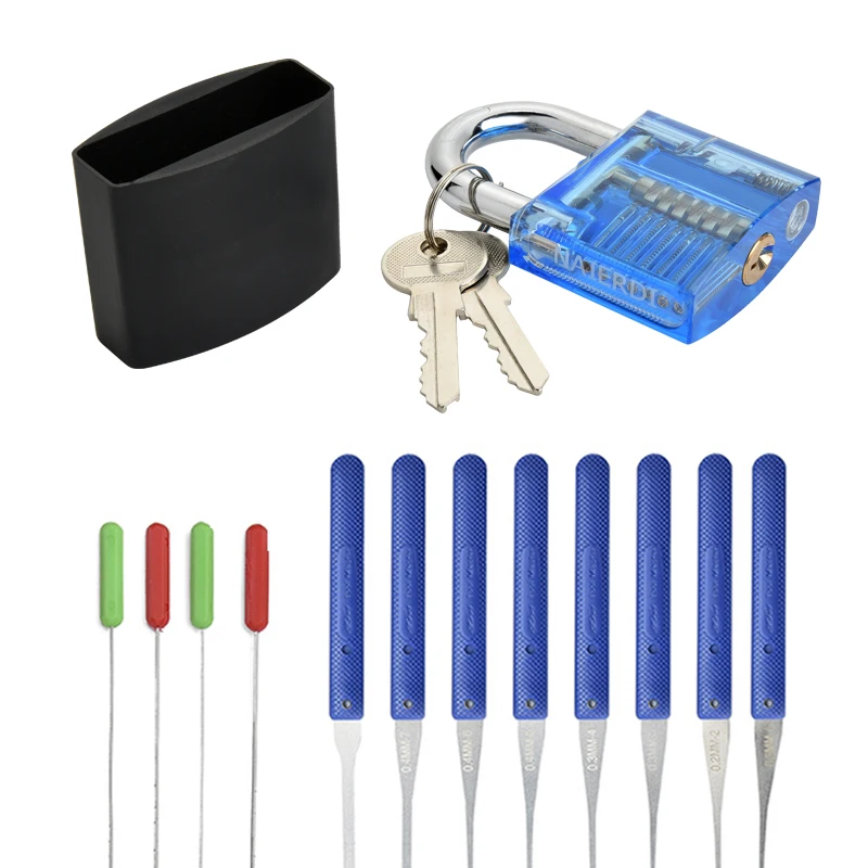 

Transparent Visible Practice Padlock Locksmith Tools Lock Pick Set With Blue Broken Key Removing Hooks Lock Hardware