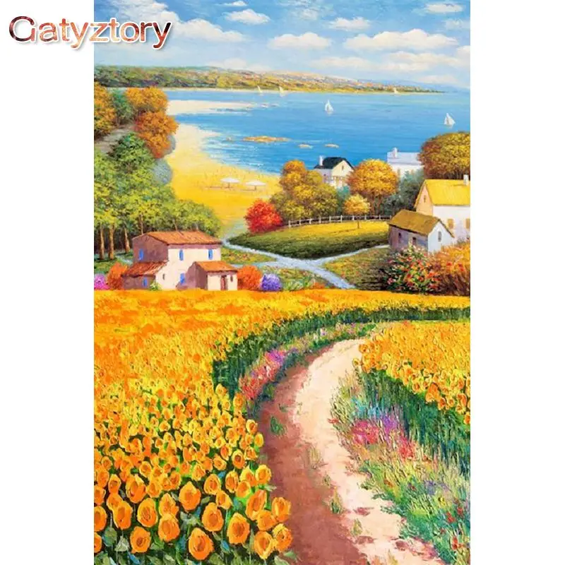 GATYZTORY DIY Painting By Numbers Sunflower Village Landscape HandPainted Art Gift Scenery Canvas Drawing Home Decor 60x75cm