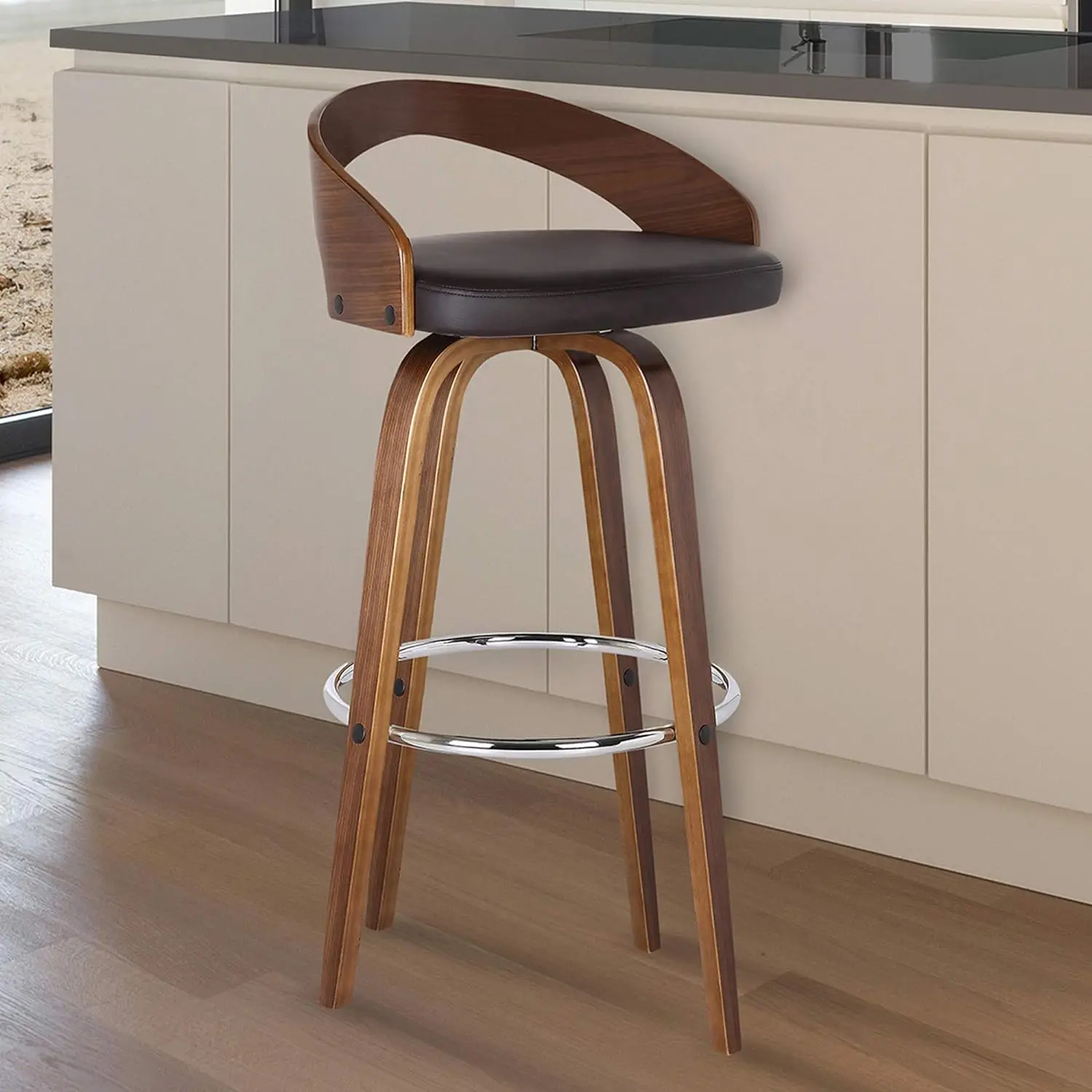 

Armen Living Sonia 26" Seat Height Mid Century Modern Swivel Bar Stool for Kitchen Island Counter in Brown Faux Leather