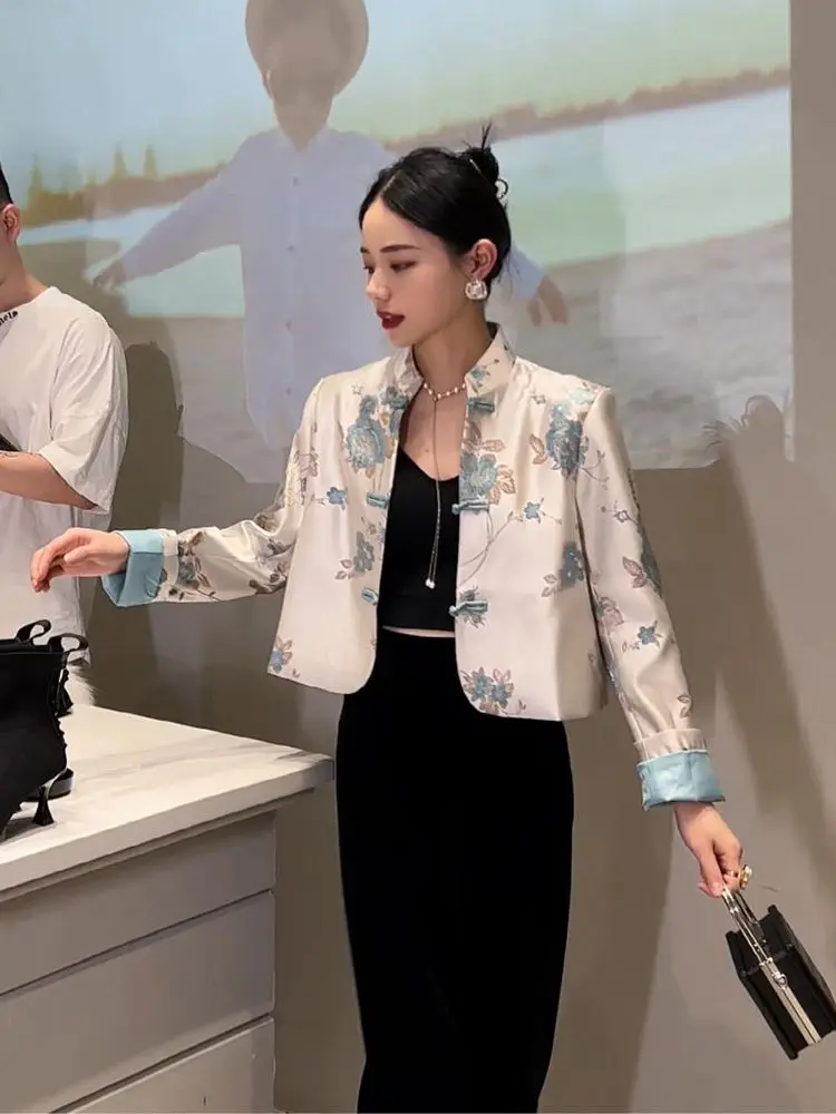 2024 nowy chiński styl bluzka chinoiserie moda haftować dopasowany płaszcz kobiety jesień niebieska dama codzienna koszulka w stylu casual