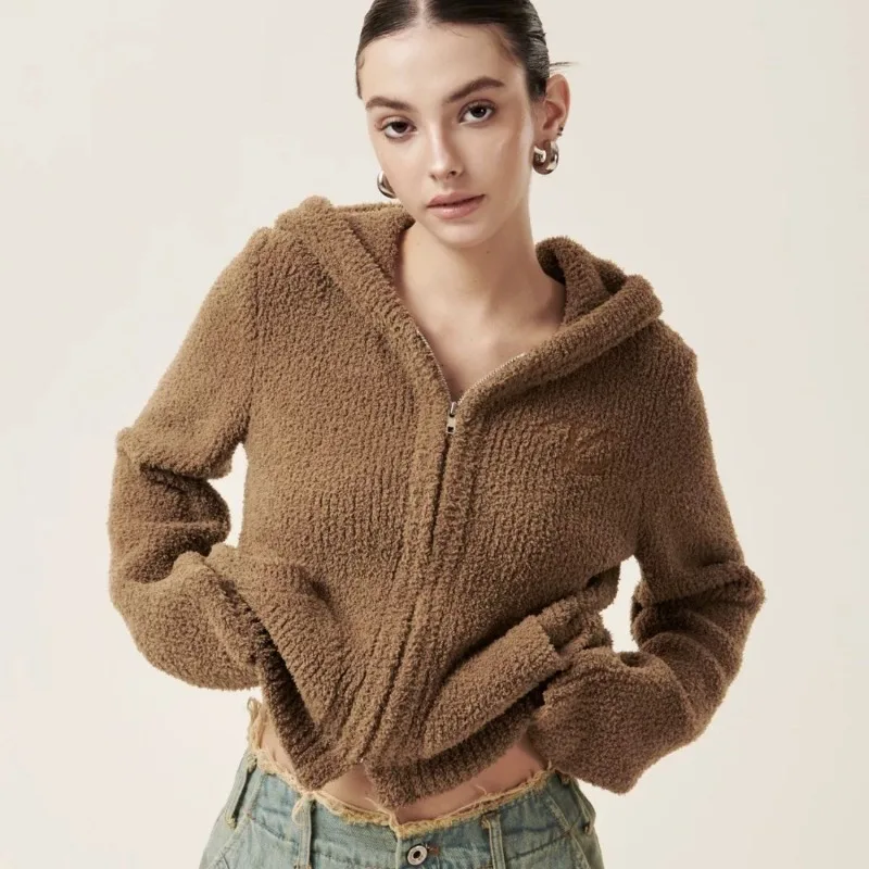 

Skin-friendly Retro Sense Lazy Feather Down Flare Sleeve Waist in Double Zipper Hooded Sweater Cardigan for Women