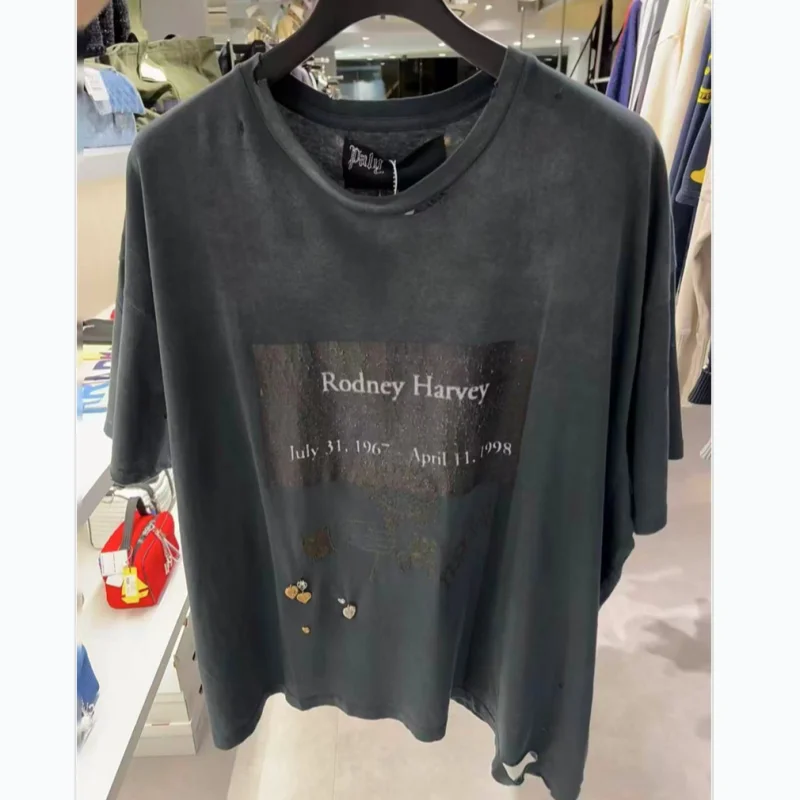 

Потертая винтажная потертая синяя футболка с треснутым узором и вышивкой Paly для мужчин и женщин, большие топы премиум-качества