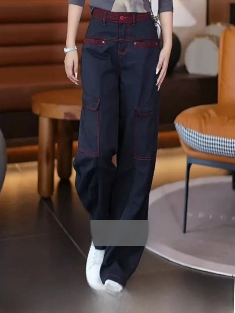 

Брюки с высокой талией и широкими штанинами, свободного кроя, повседневные, прямого силуэта, рабочие, синие, с эффектом похудения, без бирки