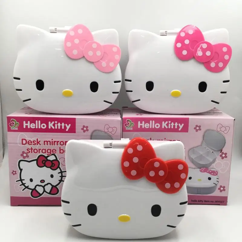 Kawaii Hello Kitty Storage Box with Mirror Cartoon Kt Cat Bow Cat Multi Grid Jewelry Bracelet Box Makeup Box Women Accessories