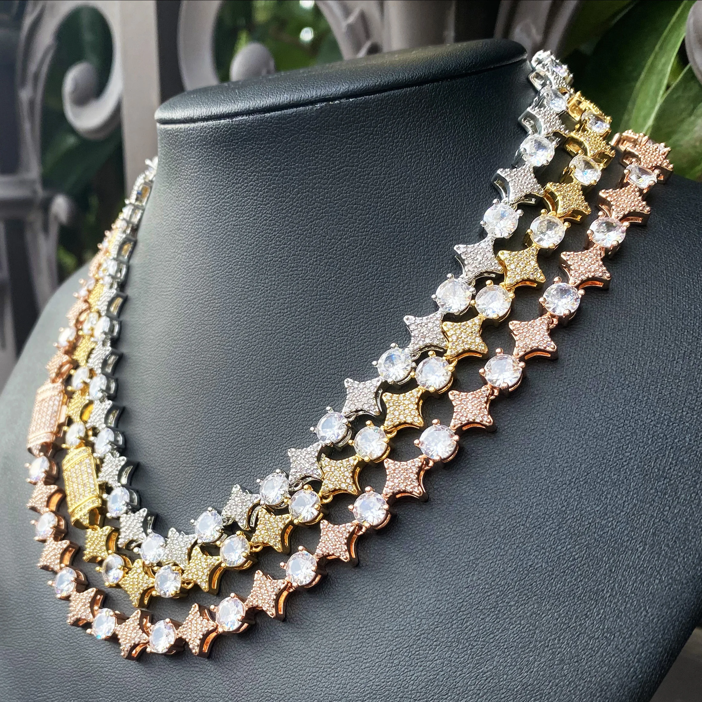 Aokaishen Iced Out Star Dot Necklace Choker for Women Real Gold Plated Micro Pave Hip Hop Jewelry