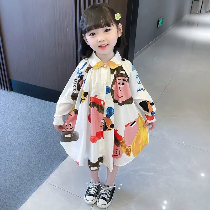 2024 Spring Autumn Girls Cartoon Print Long Sleeve Dress Fashion Design