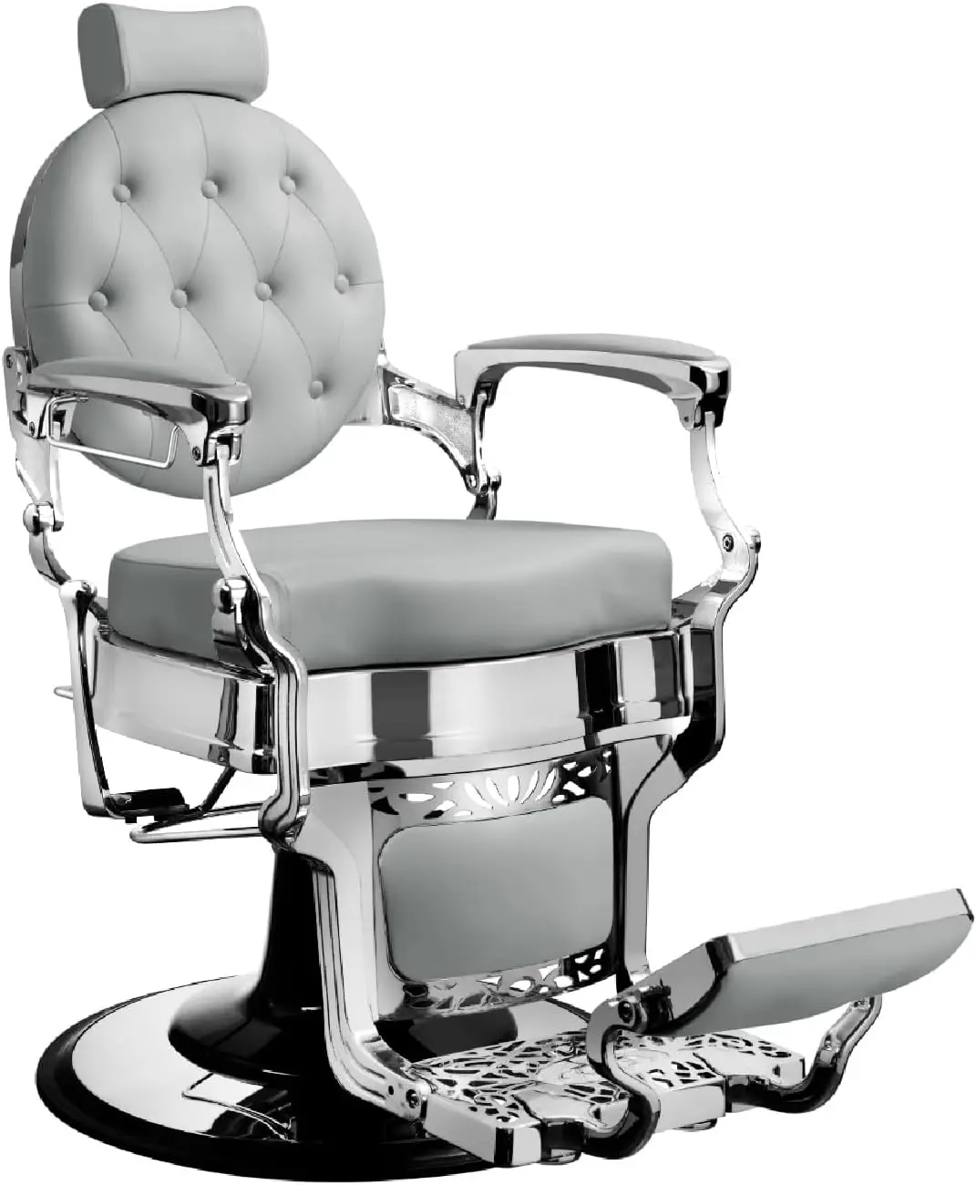 Vintage Barber Chair, Reclining Heavy Duty Barber Chair, Grey Seat Chrome Frame