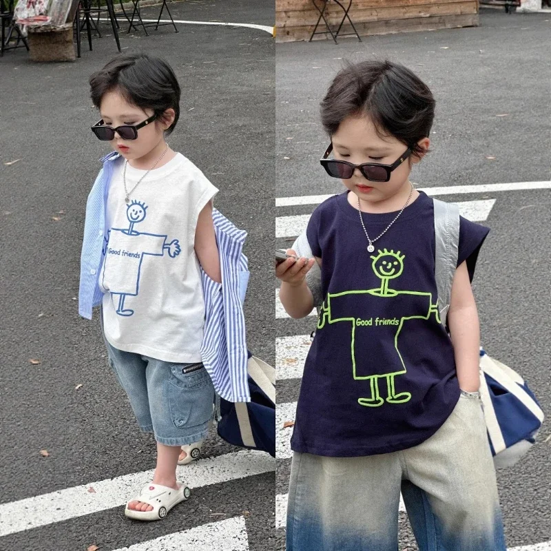 

Children's Summer 2025 New Fashion Cartoon Short Sleeve T-Shirt for Boys, Casual Loose Fitting with Drop Shoulder Sleeves.