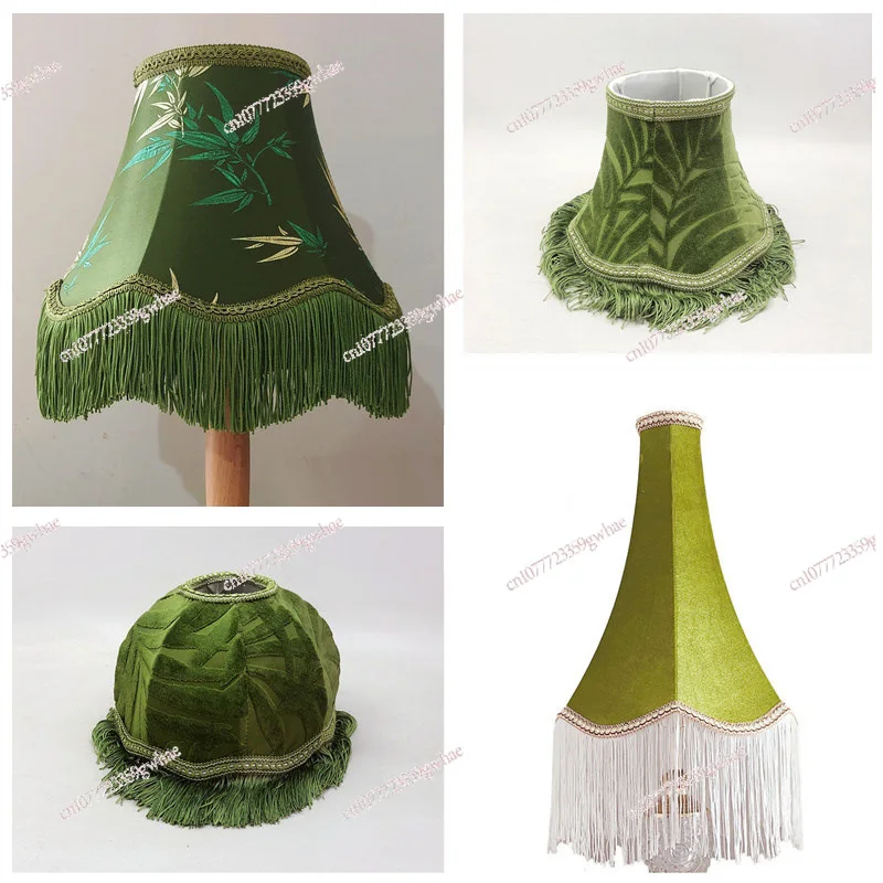 

Vintage European Lampshade Green Satin Fabric Lamp Shade Handmade Tassel Light Shade For Table Lamp Floor Light Home Decor