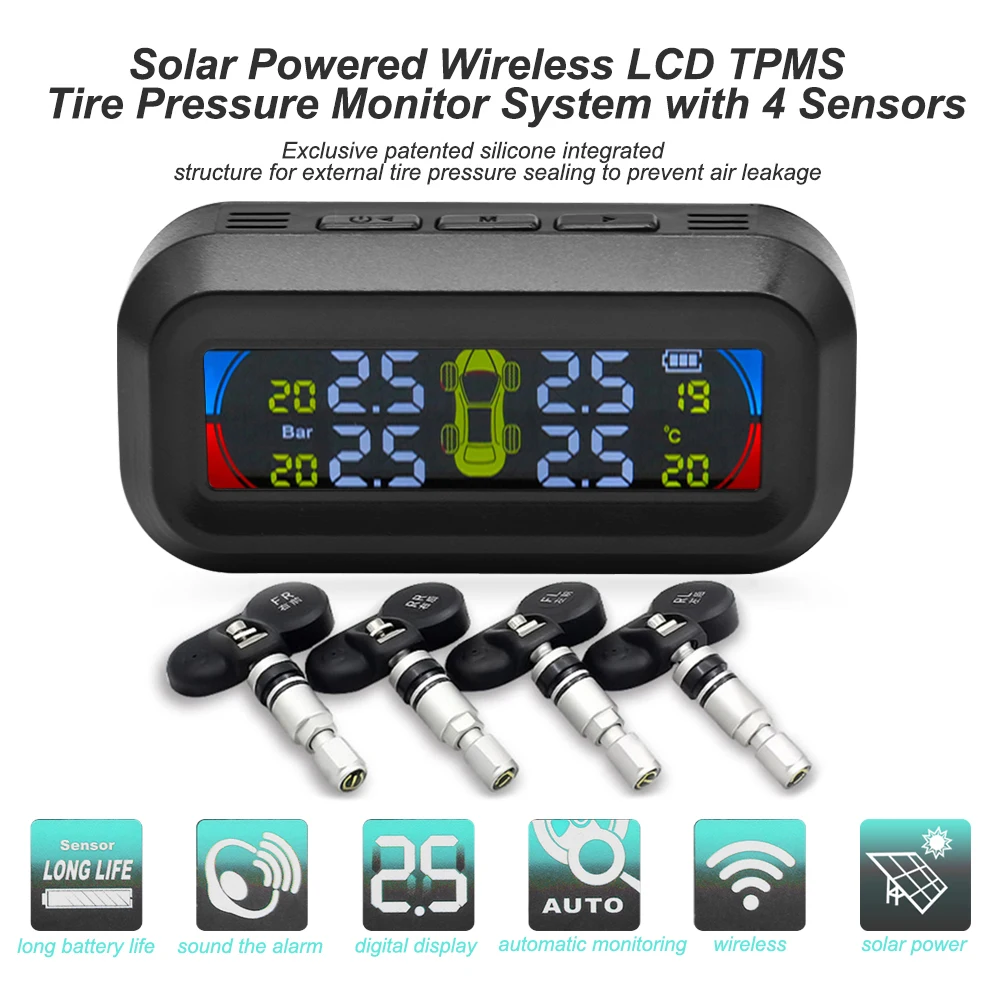 AN-10C TPMS Tyre Pressure Monitoring System Solar LCD Digital Display Car Tire Pressure Monitoring Auto Security Alarm Systems