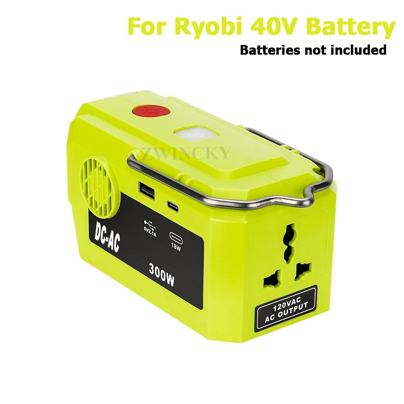 Power Inverter for Ryobi 40V Battery 300W Power Supply Inverter to AC 110V/220V with USB Port Type C Output Port LED Lighting