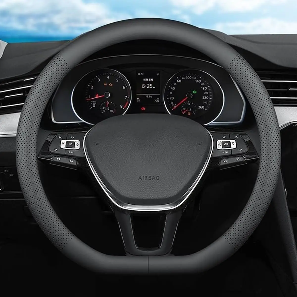 

D-Shaped Leather Steering Wheel Cover for VW Models, Universal Fit 14.5-15 Inch, Black 2026