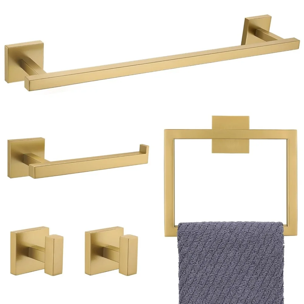 

5-Piece Brushed Gold Bathroom Hardware Set, SUS304 Stainless Steel Towel Racks Wall Mounted