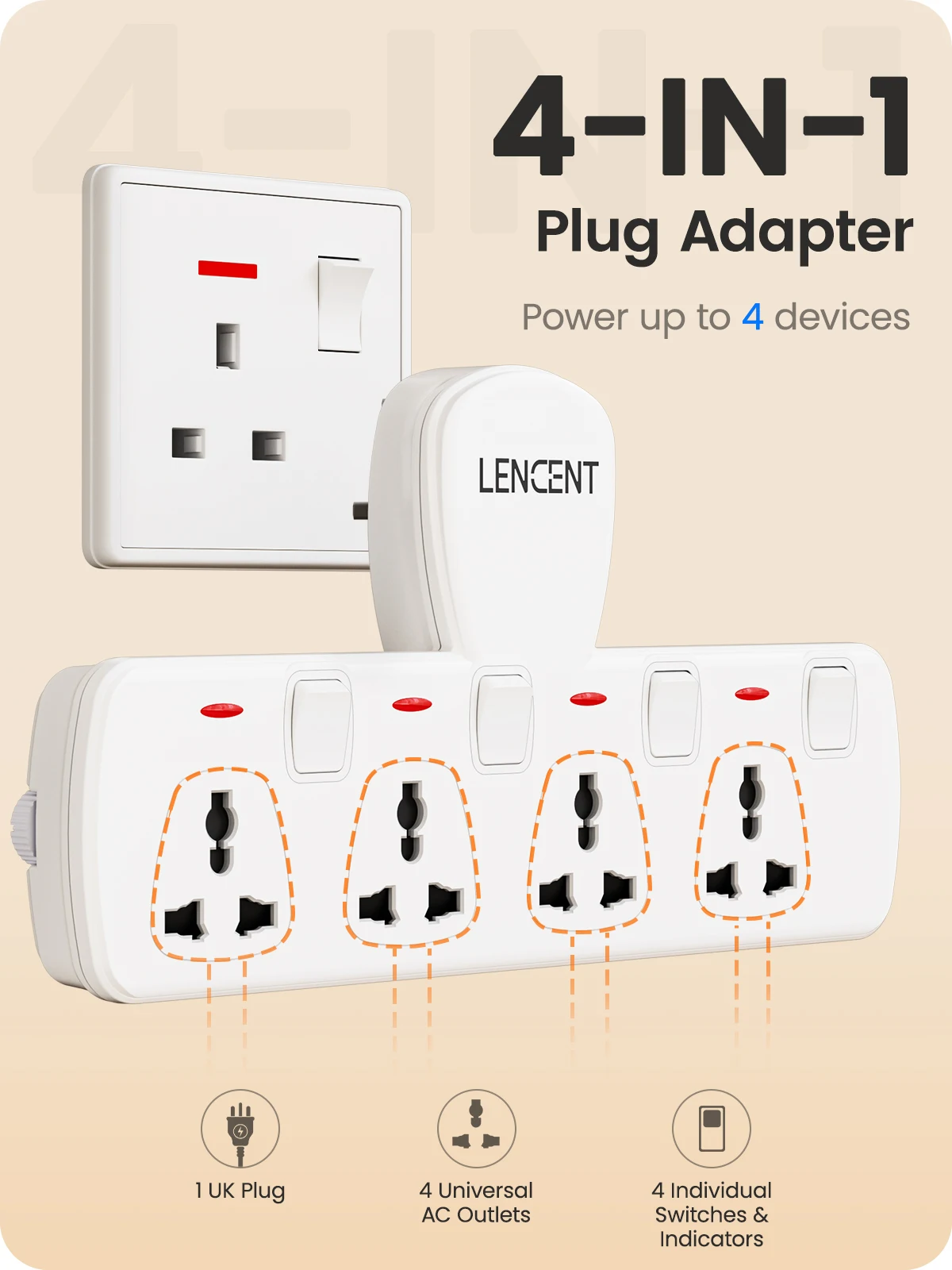 LENCENT UK Plug Extension Socket with 4 Universal AC Outlets 3250W 13A Extension Plug Adapter with Switch for Home Office