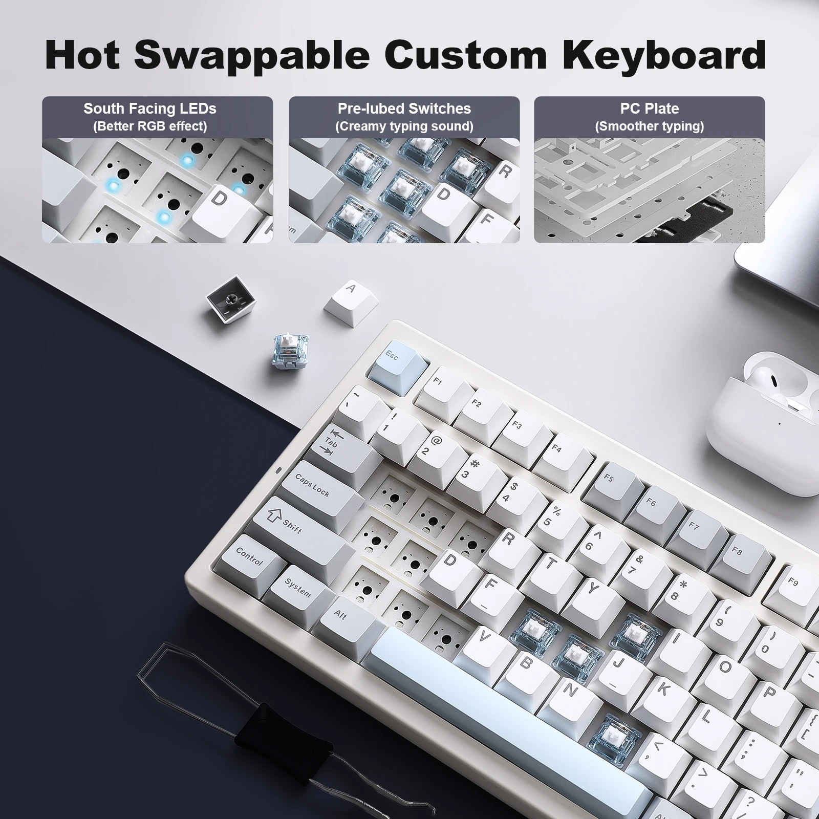 YUNZII IF99 White Wireless Mechanical Gaming Keyboard with Smart LCD Display, QMK/VIA Custom Gasket Hot Swap RGB 96% Keyboard